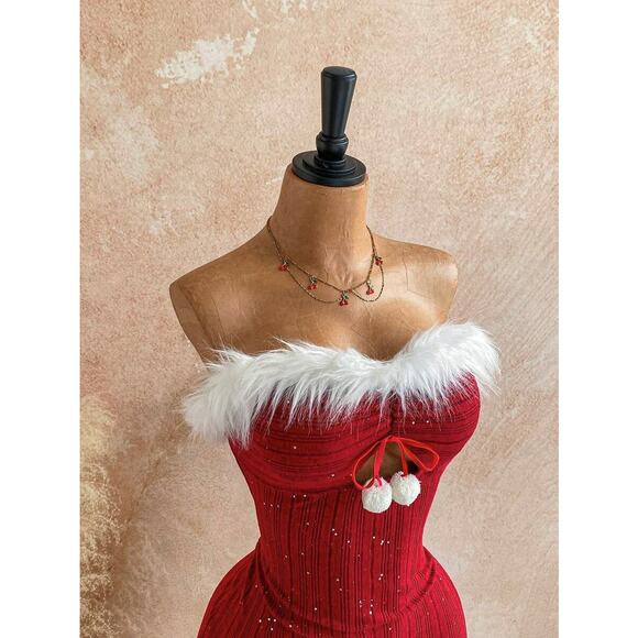 Sexy Christmas Pompom White Fur Trimmed Knit Mini Red Dress XS, S, M, L - Picture 4 of 6